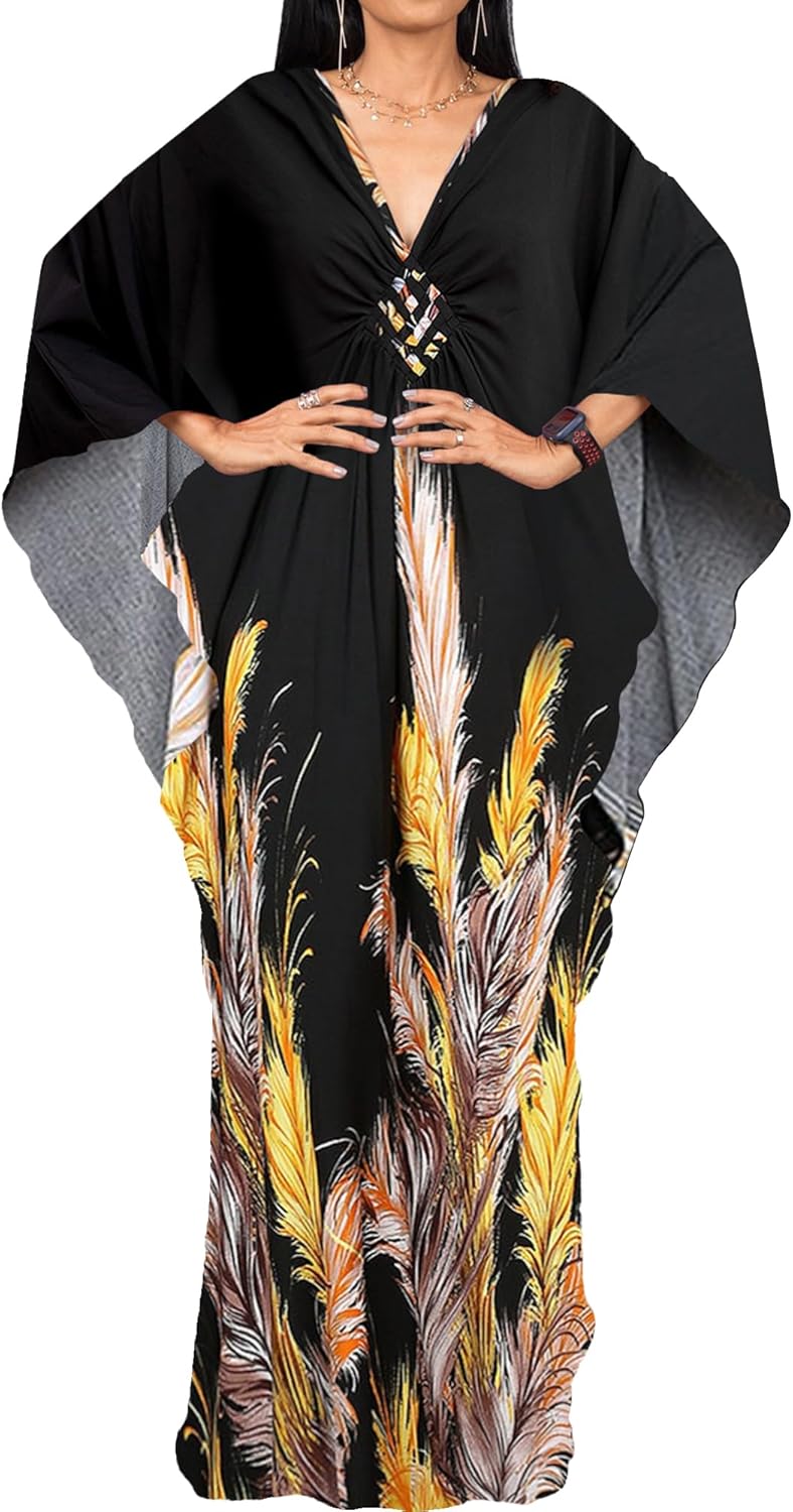 Bsubseach Women Ethnic Print Kaftan Beach Dress Plus Size Swimsuit Cover Up - Image 1